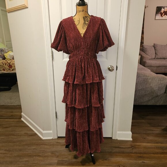 Anthropologie/Entro Metallic Thread Tiered Ruffle Maxi Dress Size M - Picture 12 of 16